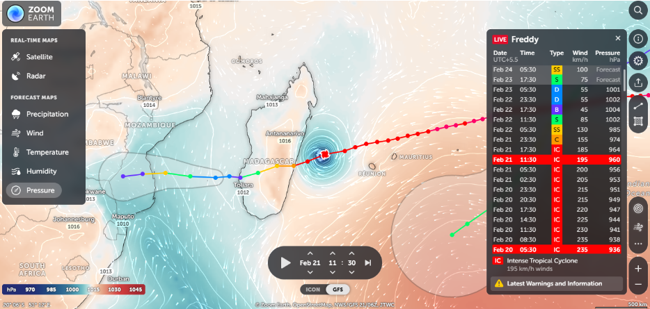 Cyclone path on Madagascar Island